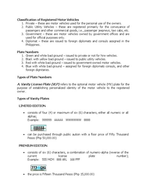 Classification of Motor Vehicles and Plate Numbers .